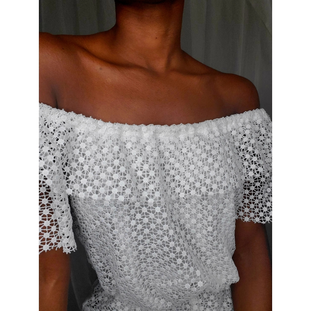 Haute Rogue White Lace Off-the-Shoulder Romper